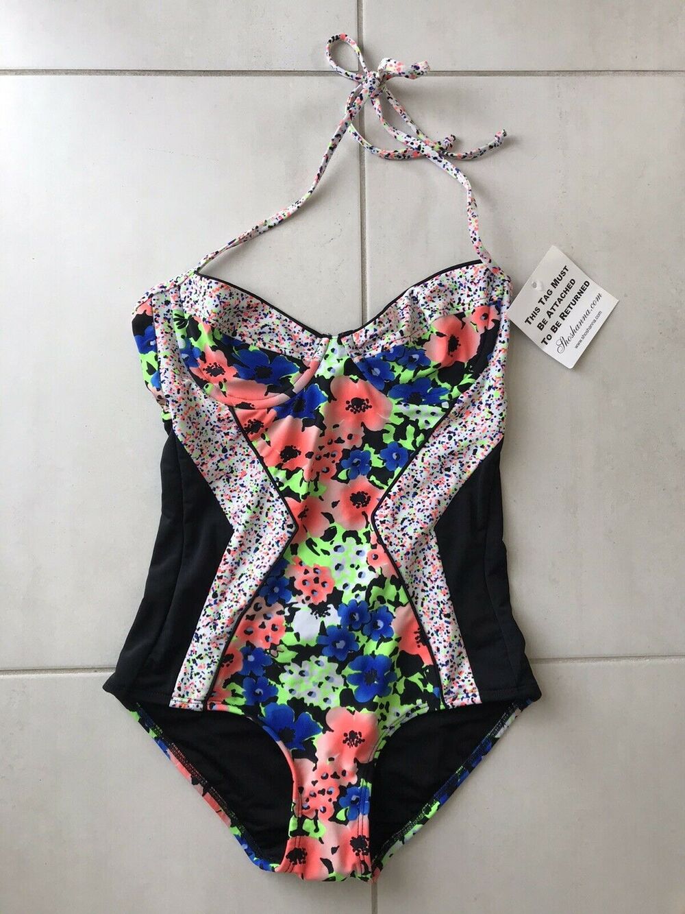 Shoshanna Patchwork Retro Pin Up Halter One Piece Swimsuit Summer Beach